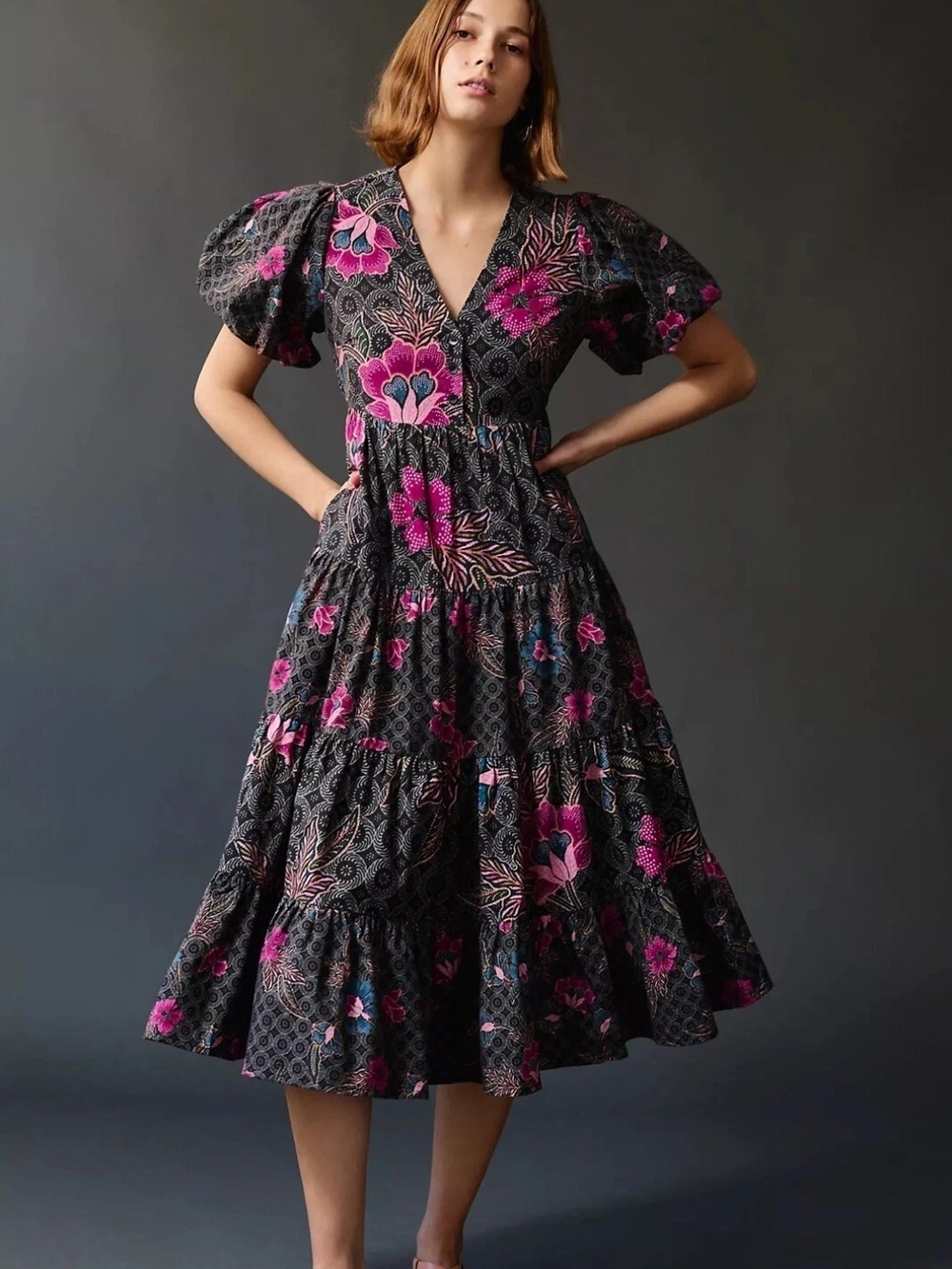 Anthropologie Conditions Apply Gray Pink Floral Puff Sleeve Midi Dress